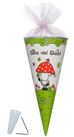 Schultüte - Schaf Sheepworld - 50 cm - 6 eckig - mit Tüllabschluß - mit / ohne Kunststoff Spitze - Zuckertüte - " Ganz viel Glück " Tiere Schafe - Glücksbringer Alles Gute Marienkäfer Glückspilz Glücksklee Klee - 1